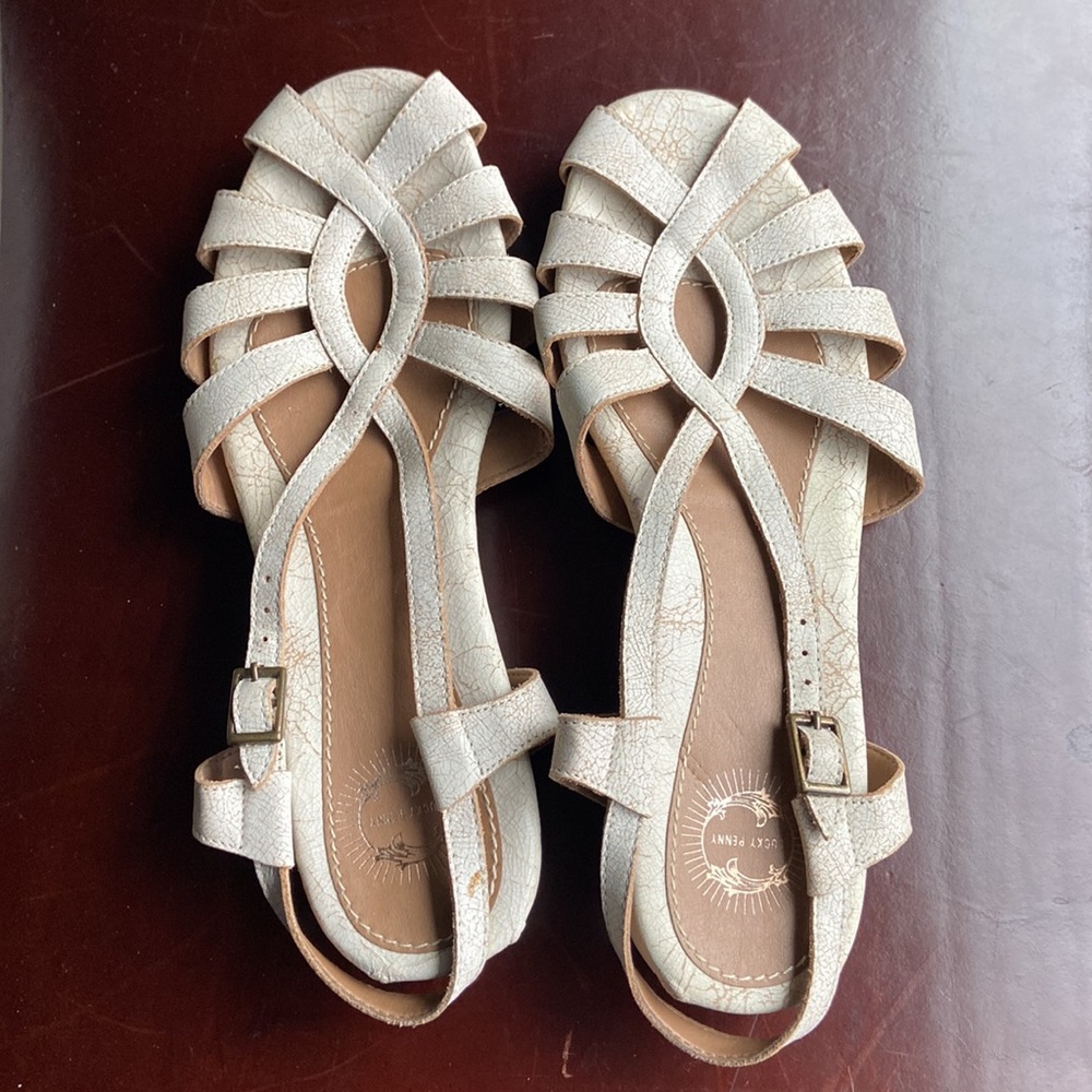 Lucky Penny Wedge Buckle Strapped Crackled Leather Open Toed Dress Sandal